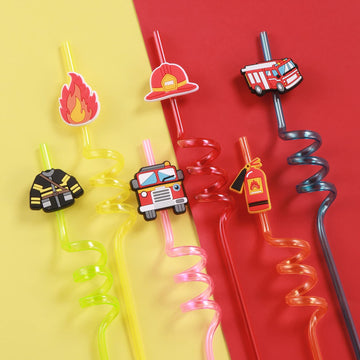 24 Fire Truck Party Favors Drinking Straws for Fire Truck Birthday Party Supplies with 2 PCS Straws Cleaning Brush