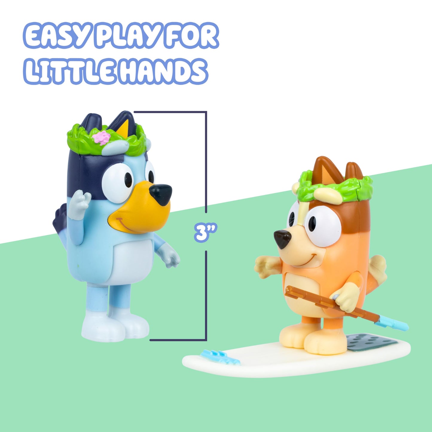 Bluey Figure 2-Pack Rug Island. 2 Episode-Themed Figures with Moving Arms & Paddleboard Accessories, 2.5-3" (6-7.6 cm) Poseable Toys for Kids