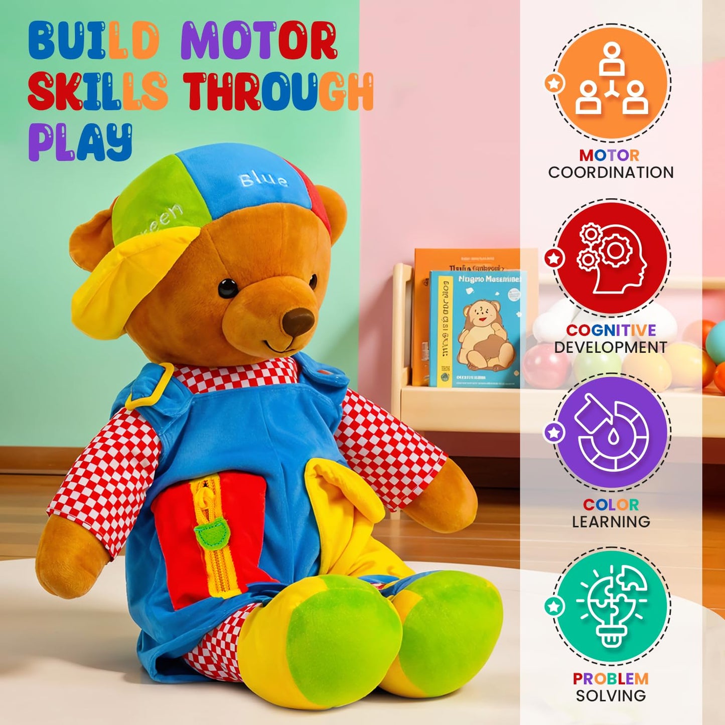 Bundaloo Talking Learning Dress-Up Bear for Toddlers - Educational Plush Toy that Talks & Sings ABCs, Zipper Button Shoelace Buckle Skills, 18”