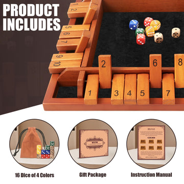 Toidgy 4 Players Shut The Box Dice Games, Wooden Board Table Math Game with 12 Dice and Instructions, Classics Close The Box Board Game for Adults