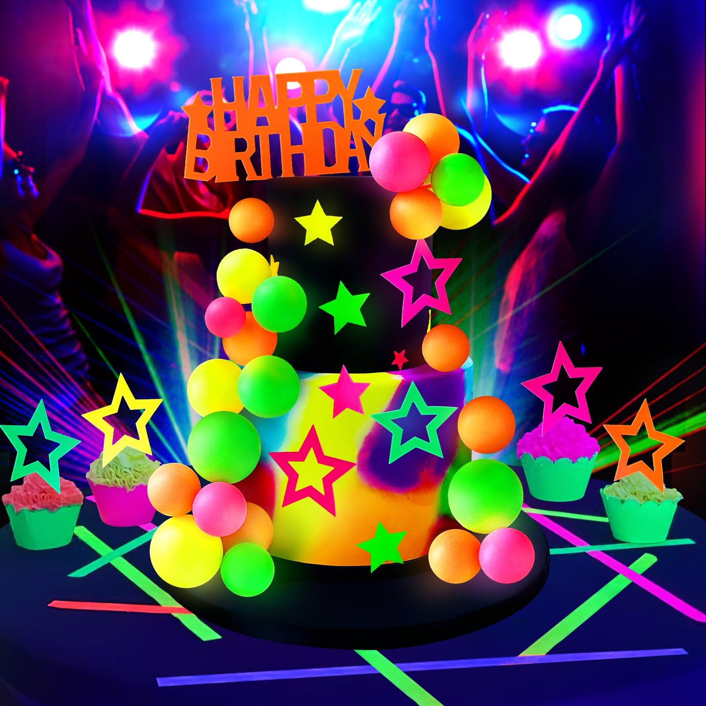 53pcs Neon Cake Decorations Glow Cake Toppers with Ball Star and Happy Birthday Toppers UV Reactive Party Decorations for Neon Cakes Black Light