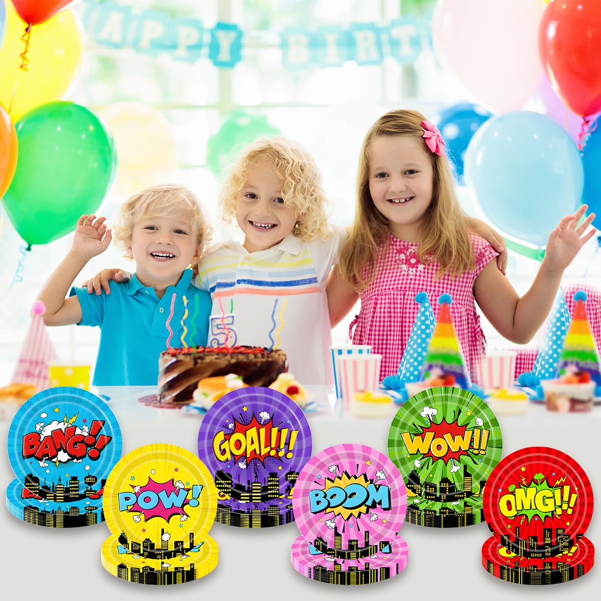 NF ORANGE 60pcs City Hero Theme Birthday Party Plates,Cartoon Birthday Party Decoration Supplies