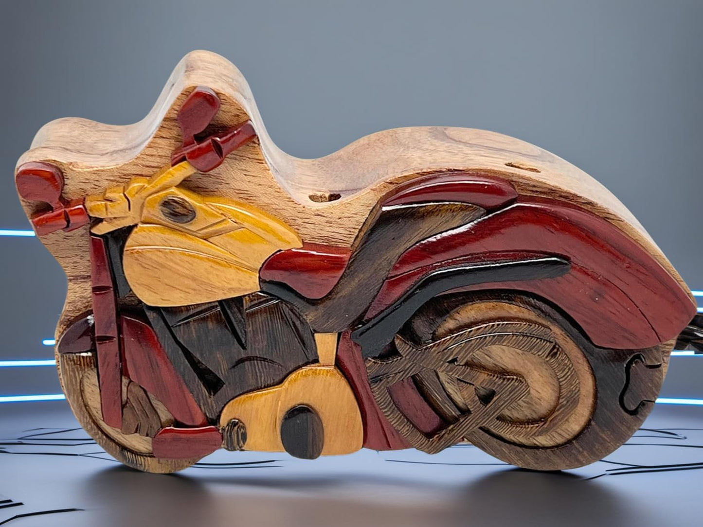 The Handcrafted Motorcycle Wooden Puzzle Box - Hand Carved Wood Trinket Box - All Natural Intarsia Wood Art