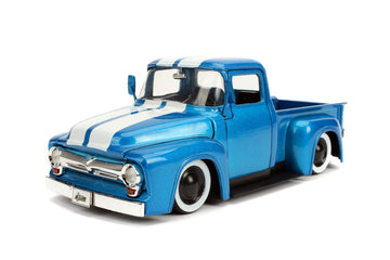 Jada Just Trucks 1:24 1956 Ford F-100 Die-cast Car Blue/White Stripes with Tire Rack, Toys for Kids and Adults