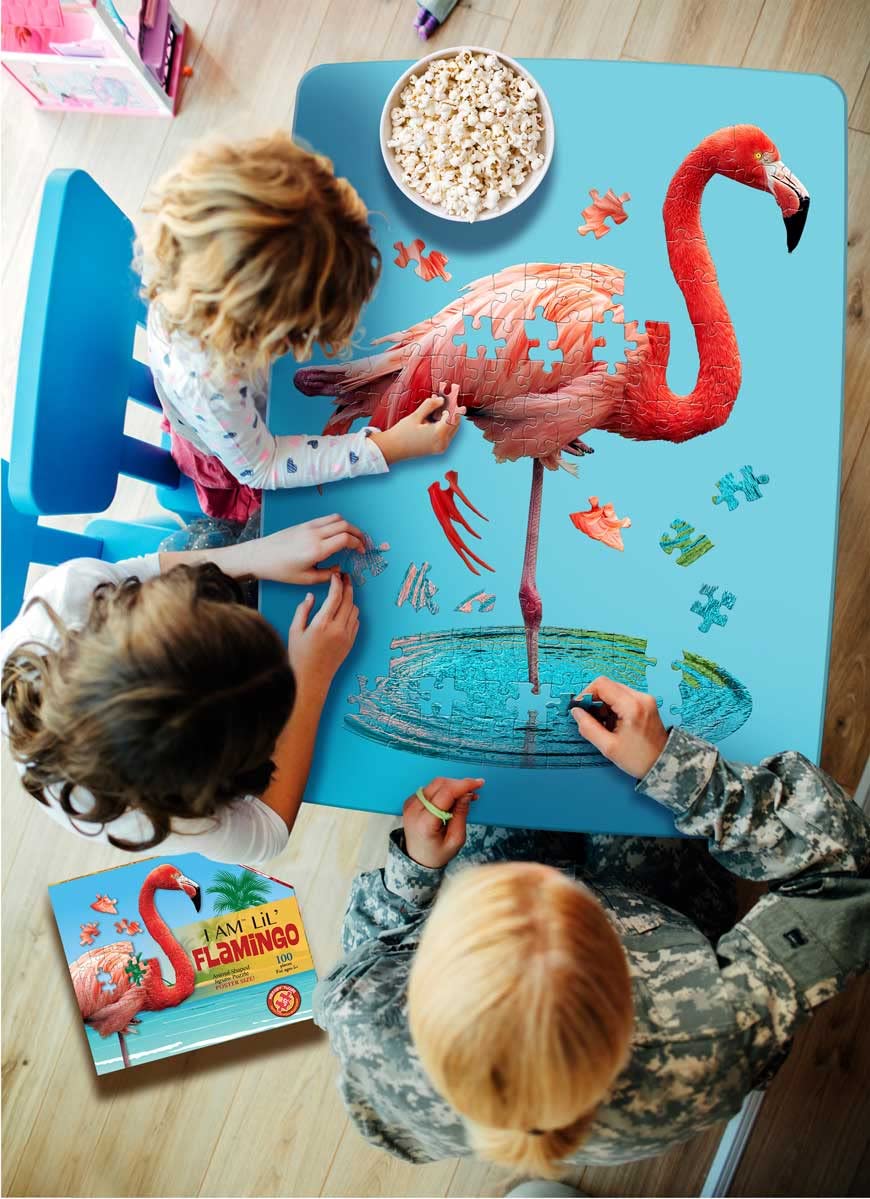 Madd Capp LiL' FLAMINGO 100 Piece Jigsaw Puzzle For Ages 5+ - 4009 - Unique Animal-Shaped Border, Poster Size when completed, Oversized Puzzle Pieces