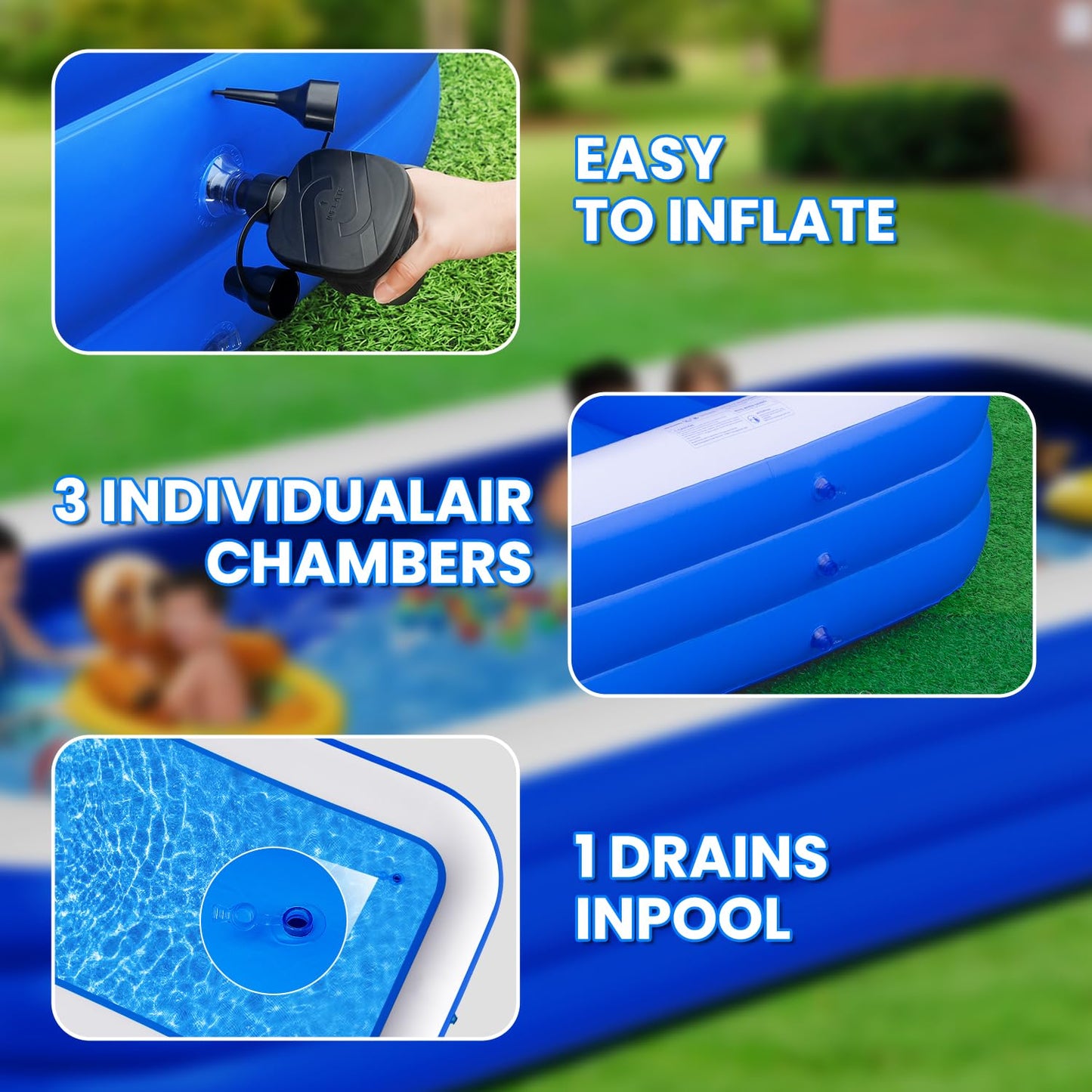 Extra Large Inflatable Pool for Adults, 145" x 74" x 22" Oversized Blow Up Family Swimming Pool, Durable Thickened Above Ground Pool for Backyard