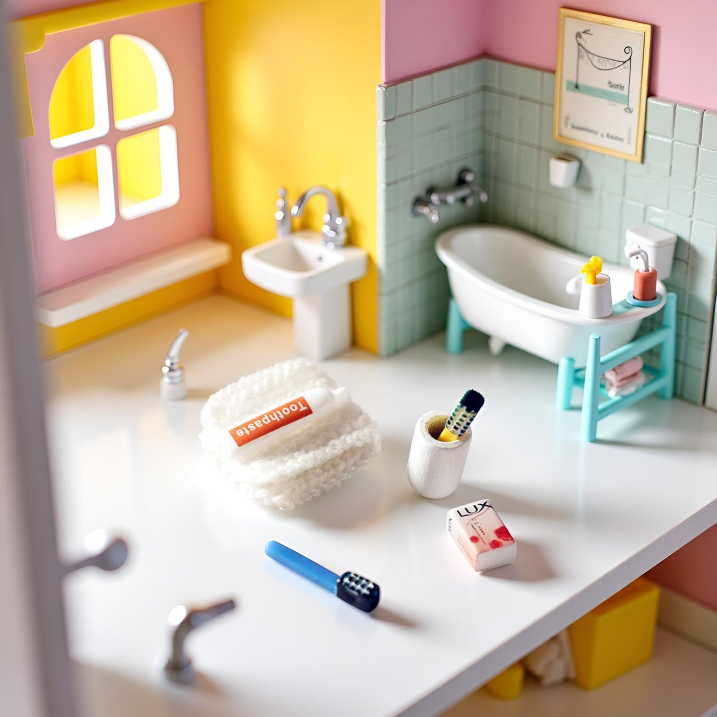 6Pcs/Set Dollhouse Miniature, Washing Supplies Miniature Creative Simulation, Plastic Dollhouse Toothpaste Toothbrush Model for Entertainment