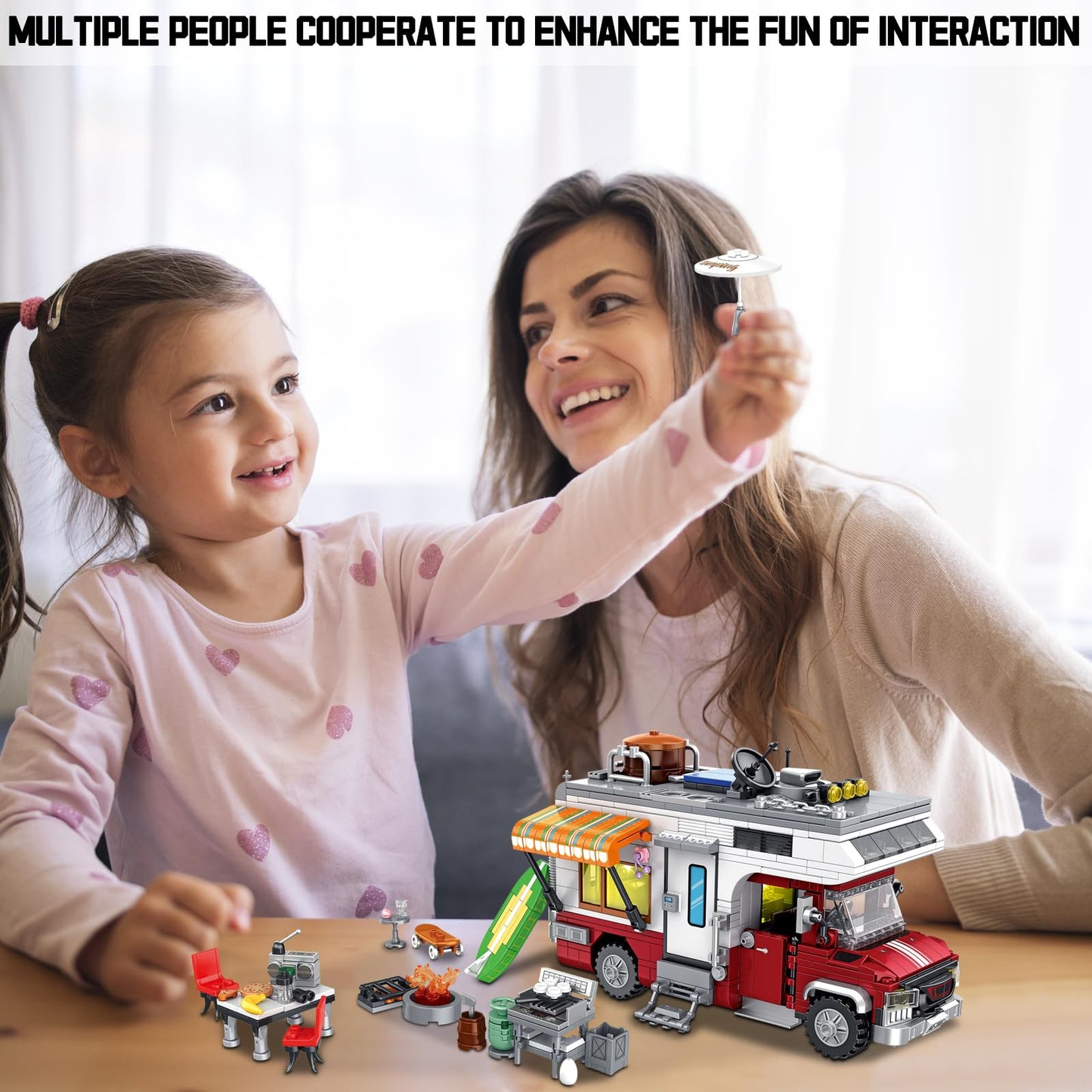 CSNRHG Camping Van Construction Toy 924 Pieces Building Block Set with Picnic Table Grill & Fire Scene Gift for Kids Teens & Vehicle Fans