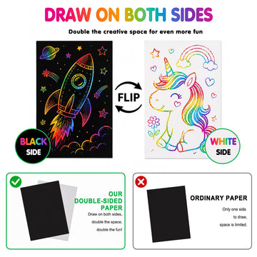 Minyaluck Rainbow Scratch Art Paper Kit-90 Pcs 6.5"x4.7"Double-Sided Black & White Magic Scratch Off Art Craft Supplies Kits