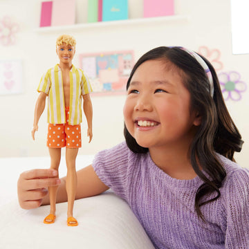 Barbie Fashionistas Style Ken Doll #252 with Blond Hair, Wearing Orange and Yellow Polka-Dot Board Shorts with Yellow and White Striped Shirt, Orange