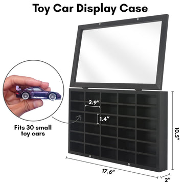 Americanflat 11x18 Toy Car Display Case - Holds up to 30 Cars - Model Car Displays with Removable Shelves and Shatter-Resistant Glass - Wall Mounted