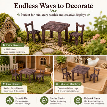 Miniature Furniture Set, Mini Table and Chairs, Wooden Garden Decor for Tiny Houses, Micro Landscape Accessories (A-1)