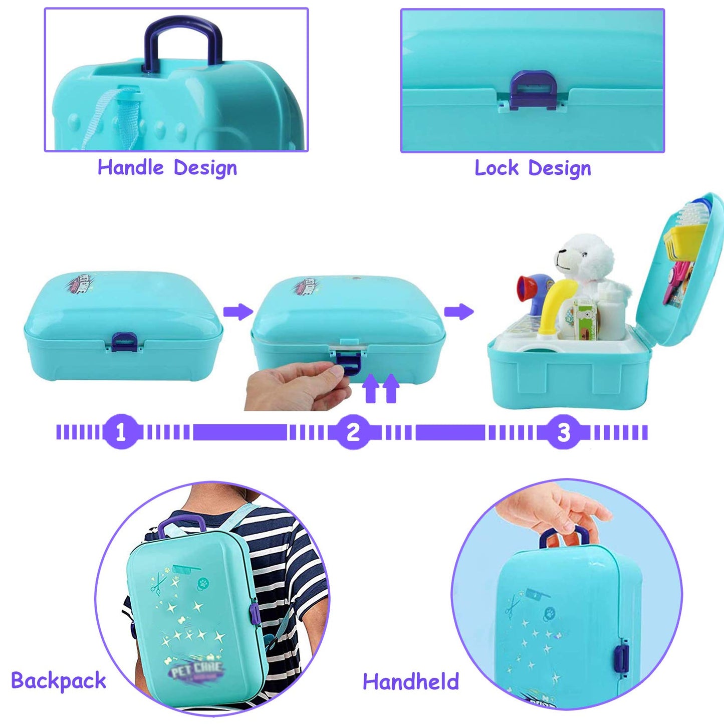 TEUVO Pet Care Play Set Doctor Kit for Kids, 16 Pcs Doctor Pretend Play Vet Dog Grooming Toys Puppy Dog Carrier Feeding Dog Backpack Gifts for Girls
