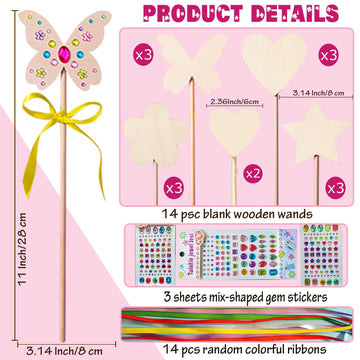 WUBOMJIO Princess Fairy Wands Craft Kit, Kid Birthday Party Supplies Make Your Own Magic Wands Include Unfinished Wooden Fairy Wands, Gem Stickers