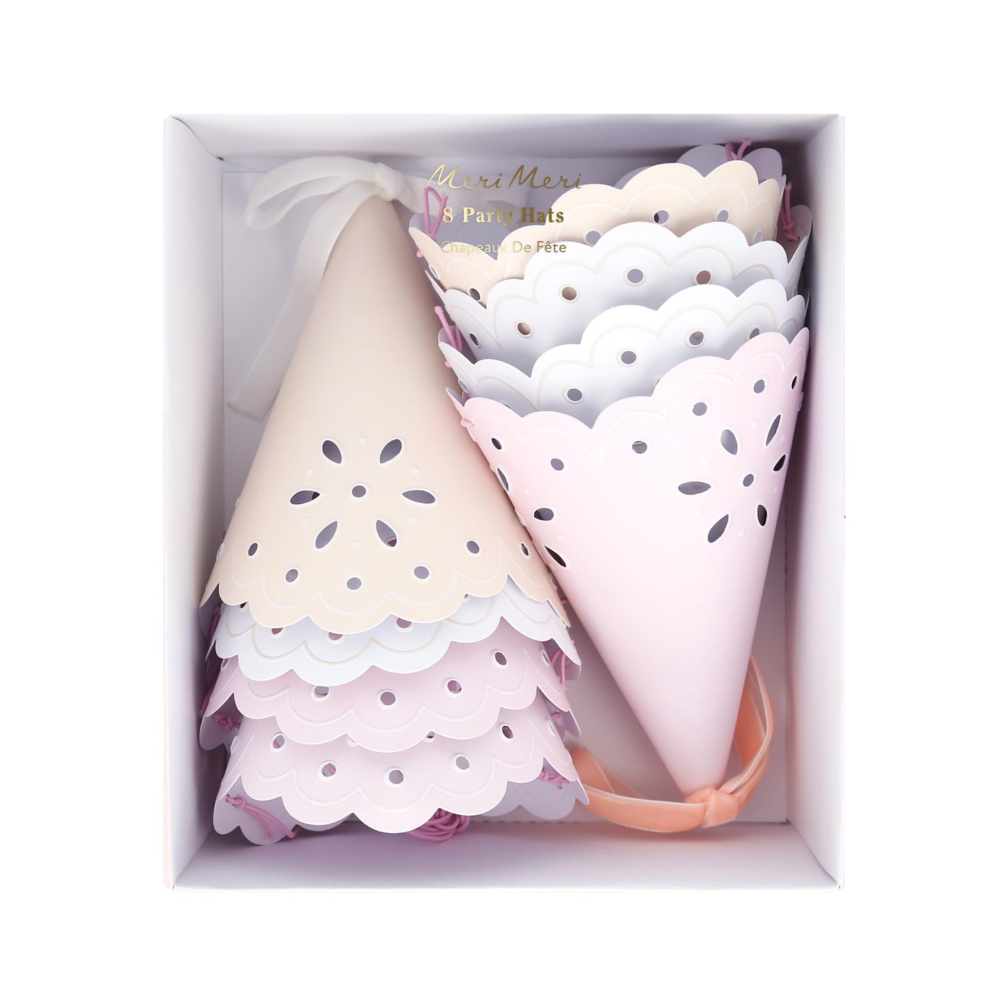 Meri Meri Broderie Anglaise Lace Party Hats (Pack of 8), Pastel Colors with Lace Design and Velvet Bows, Great for Princess Party Hats, Bridal