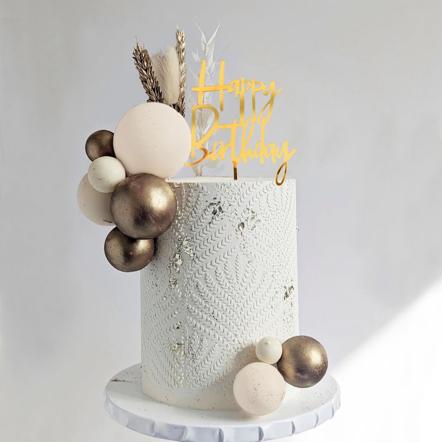 Khaki Balls Cake Topper Boho Grass Cake topper Khaki White Gold Pearl Balls Happy Birthday Cake Decorations for Wedding Birthday Boho Themed Supplies