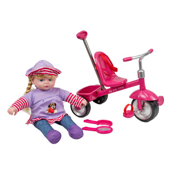 Kid Concepts 12? Soft Bodied Blonde Baby Doll & Tricycle Set - Adjustable 18? Handle, Storage Compartment, Comb & Mirror - Role Play Toy for Girls 3+