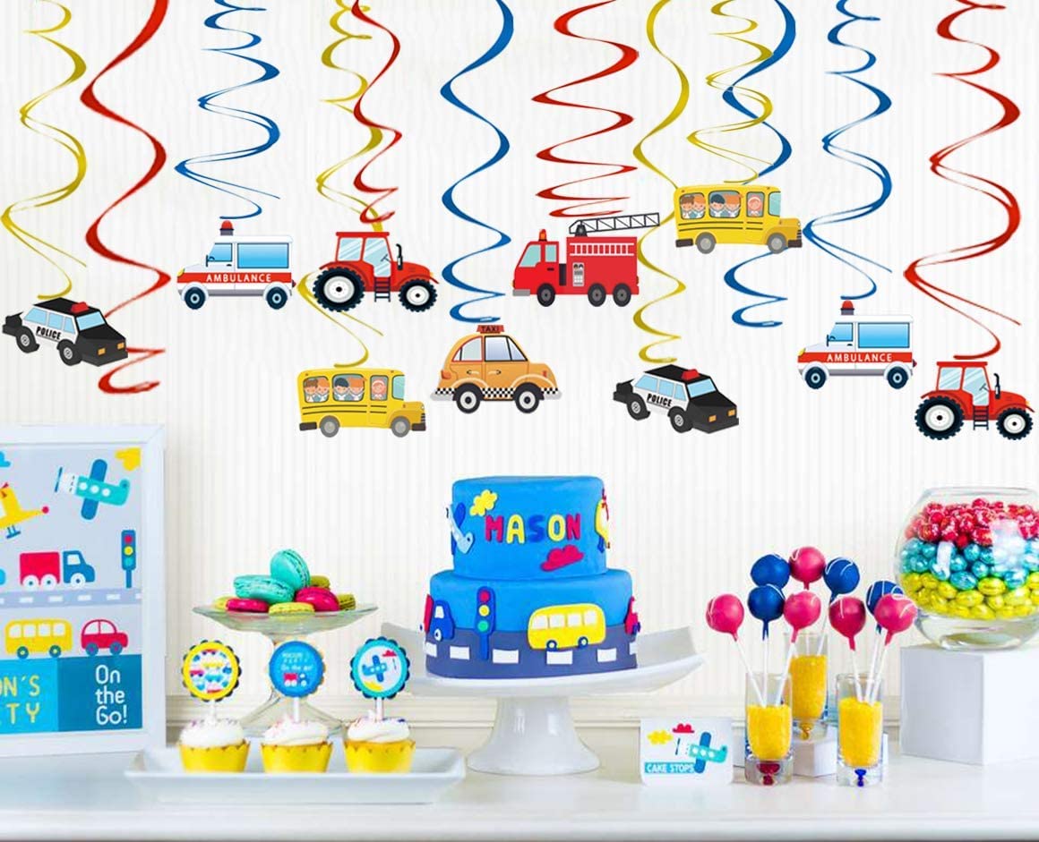 Transportation Party Hanging Swirl Decorations - 30Ct Cars Theme Happy Birthday Banner Garland for Transportation Themed Birthday Baby Shower Party