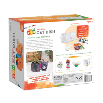 MindWare Paint Your Own Cat Dish - Porcelain Painting Figures for Kids, Teens & Adults Ages 8 & Up - Includes 12 Paints and 2 Brushes