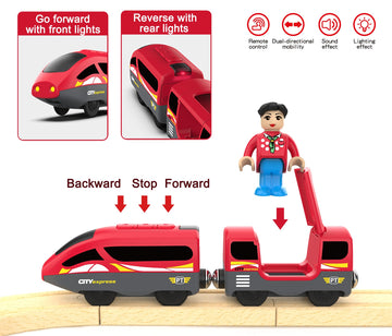 Remote Control Train for Wooden Track - Battery Operated Locomotive with Opening Door, Action Figure, Lights & Sounds, Powerful Engine Compatible