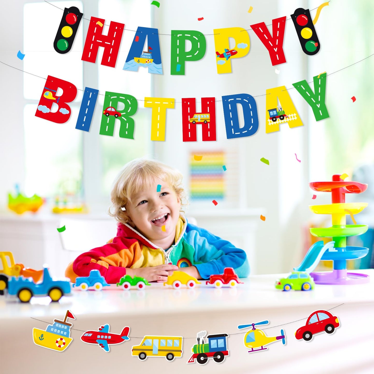 Faisichocalato Transportation Happy Birthday Banner Car Bus Train Plane Ship Helicopter Traffic Light Photo Props Garland for Kids Transportation