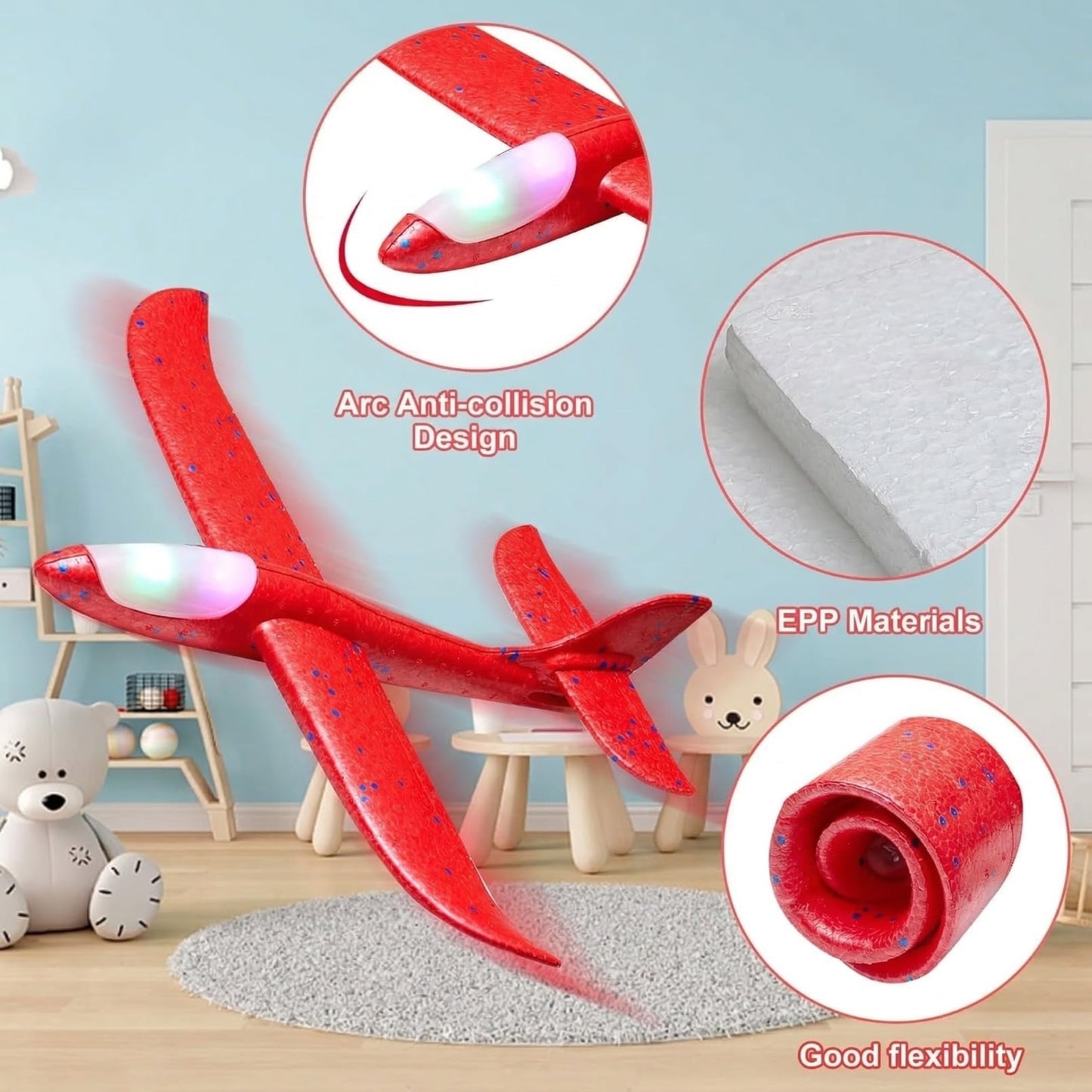 IJRPLM 4 Pack LED Foam Airplane Toys, 17.5" Large Throwing Foam Plane, 2 Flight Mode Glider Flying Toy for Kids, Glider Planes for 3 4 5 6 7 8 9 Year