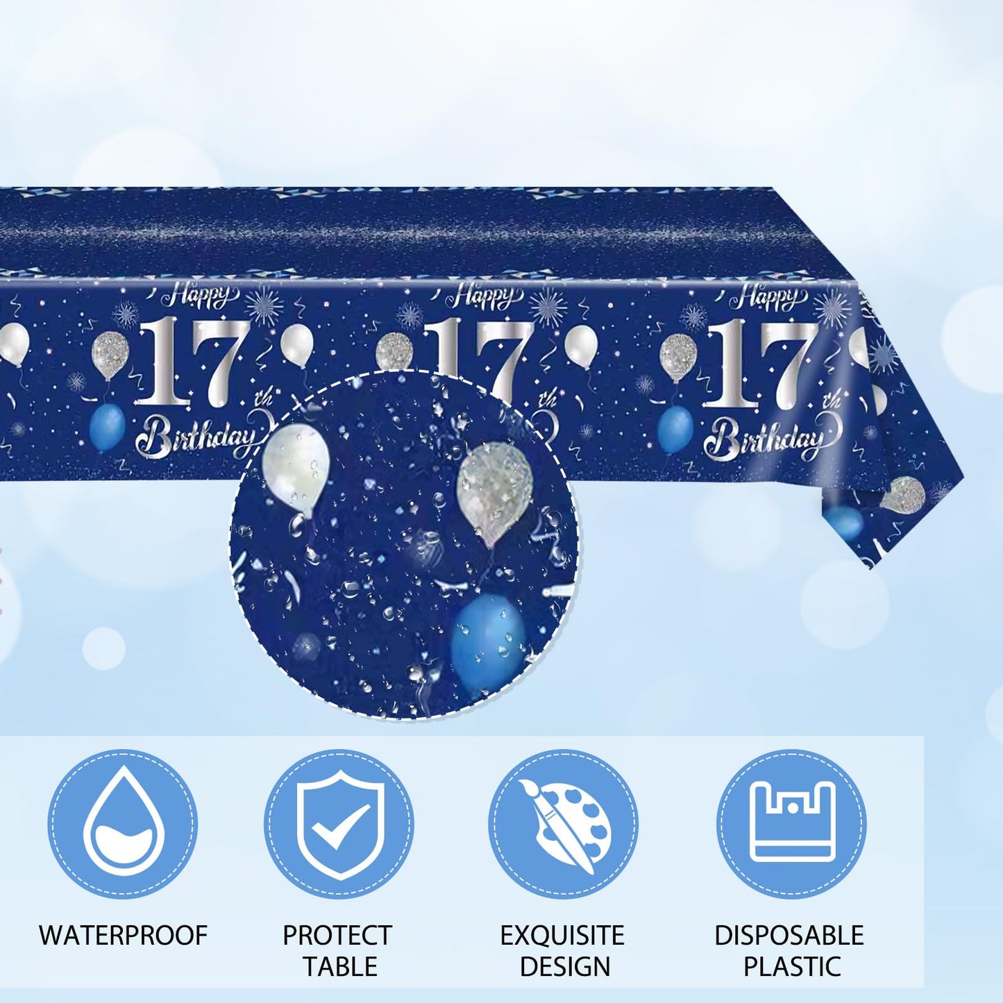 41 PCS 17th Birthday Decorations for Boys Girls Disposable Blue Sliver 17 Year Old Tableware Happy 17th Birthday Dessert Plates Napkins Tablecloth Set