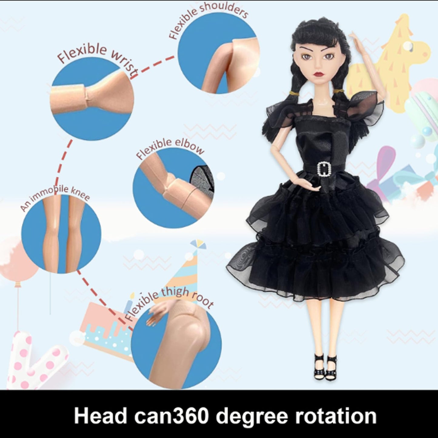 Outeat Addams Dolls for Girls, Addams Doll Black Dress, Ideal Halloween Christmas Birthday Gifts for Kids (A+Keychain)