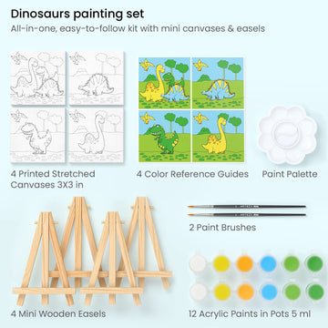 ARTEZA Kids Dinosaur Painting Kit, 4 Canvases 3 x 3 Inches, 4 Easels, 12 Acrylic Paints, 2 Paint Brushes, 1 Palette, Kids Activities for Ages 6 and Up
