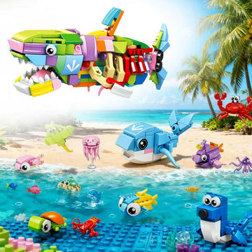 Easter Basket Stuffers Marine Animal Building Blocks Set, 12 in 1 Ocean Creatures Shark Fidget Toys, Party Favors for Kids, Classroom Birthday Gifts