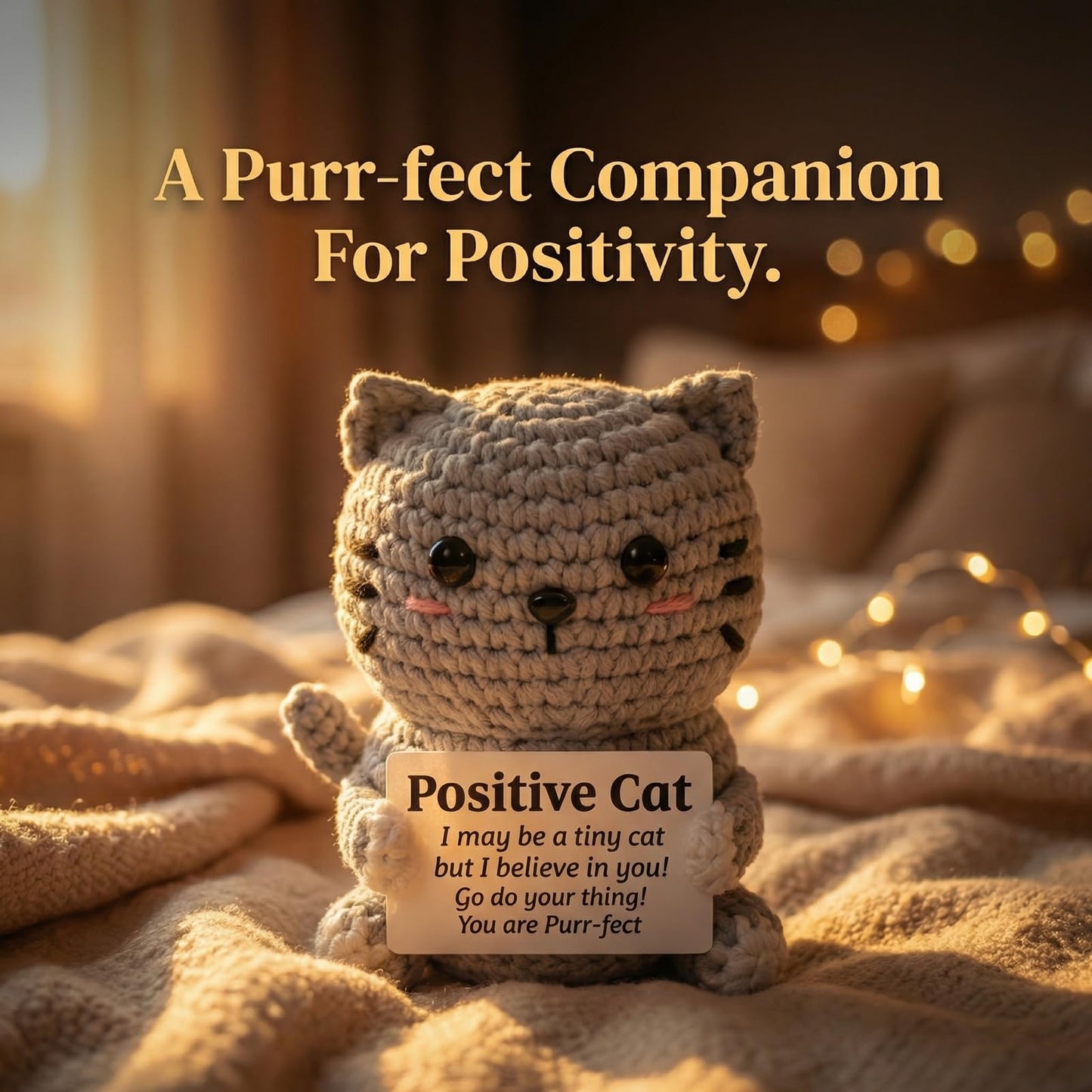 ZZOZPOP Positive Cat Plush with Encouraging Sign, Crochet Gift of Support for Women, Uplifting Sister Friendship Present, Gray Message Holder Toy