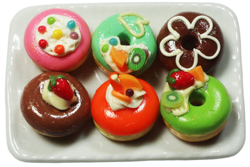 6 Pcs Miniature Donut Set - Handmade Clay Donuts on Ceramic Plate (0.6 Inch Each, Plate 2 x 1.5 Inch), 1/6 Scale Dollhouse Food Accessories