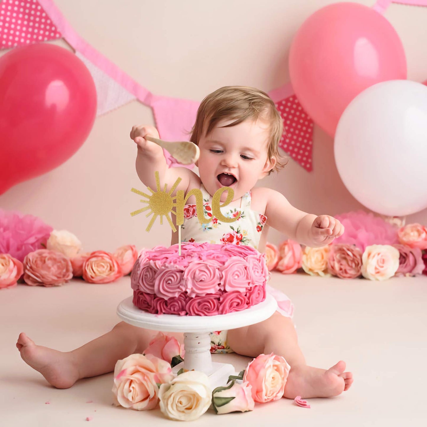 Cake Topper for Baby 1st Birthday - Gold Glitter Sunshine First Anniversary Shower Topper, Single-sided Sun ONE Birthday Cake Smash Topper For Photo