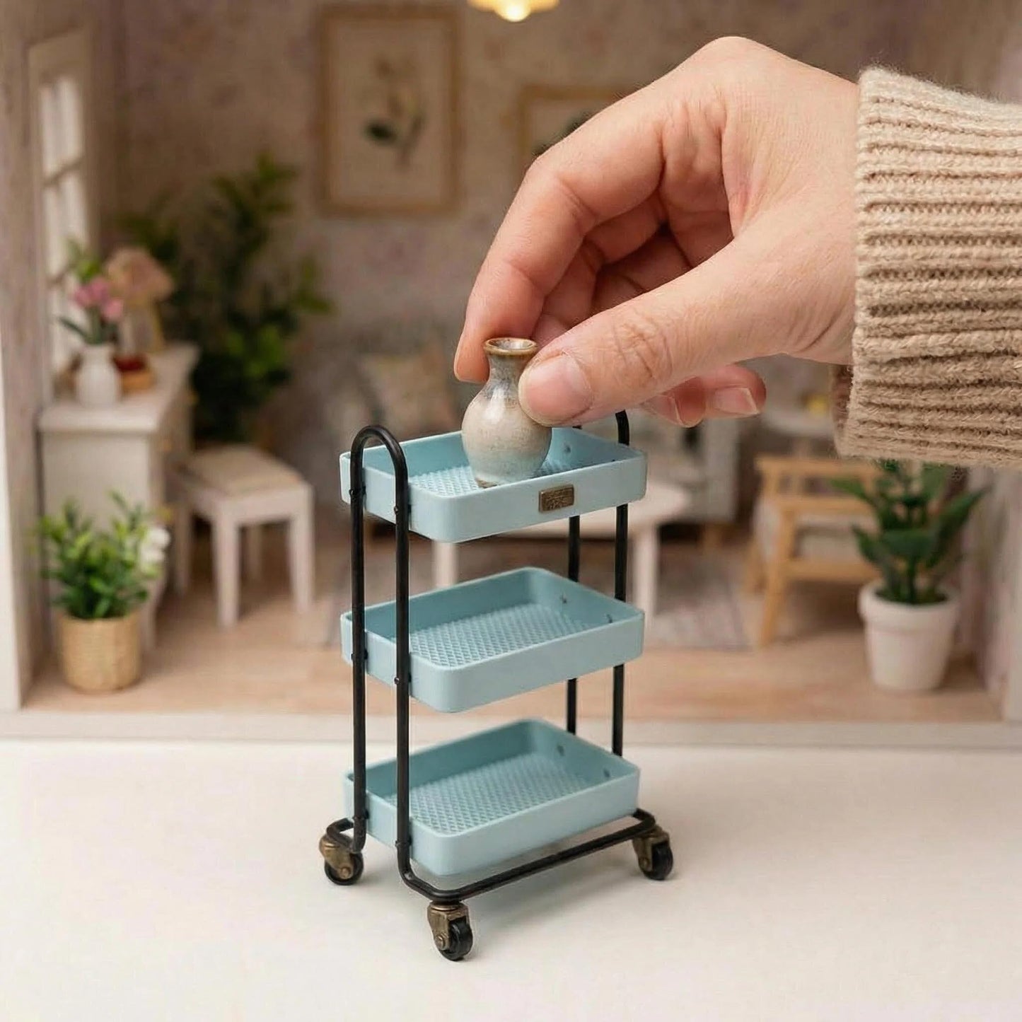 1:6 Scale Dollhouse Miniature Handcart, 3-Tier Rolling Storage Cart with Wheels for Mini Kitchen, Restaurant, Trolley Display & DIY Dollhouse