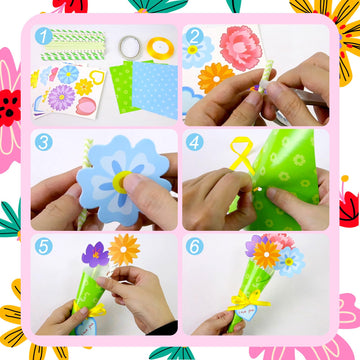 DKINY Pack of 24 Flower Bouquets Craft Set Children's Flower Paper Craft Set DIY Flower Craft Paper Craft Set Creative Sets for Boys Girls Mother's