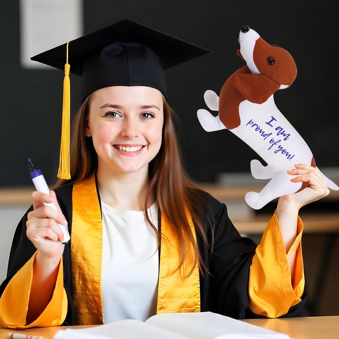 ZJoey Blank Dachshund with Graduation Cap Toys Autograph Stuffed Dog Class of 2026 Graduated Plush Stuffed Teddy Animal Dog for Graduation Day