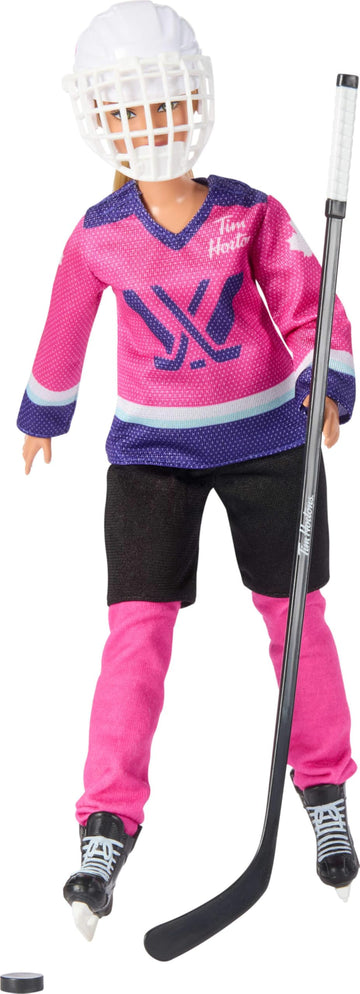 Tim Hortons Barbie PWHL 2025 Fashion Doll in Pink, Purple, & Teal Hockey Jersey, Includes Hockey Stick, Puck, and Helmet