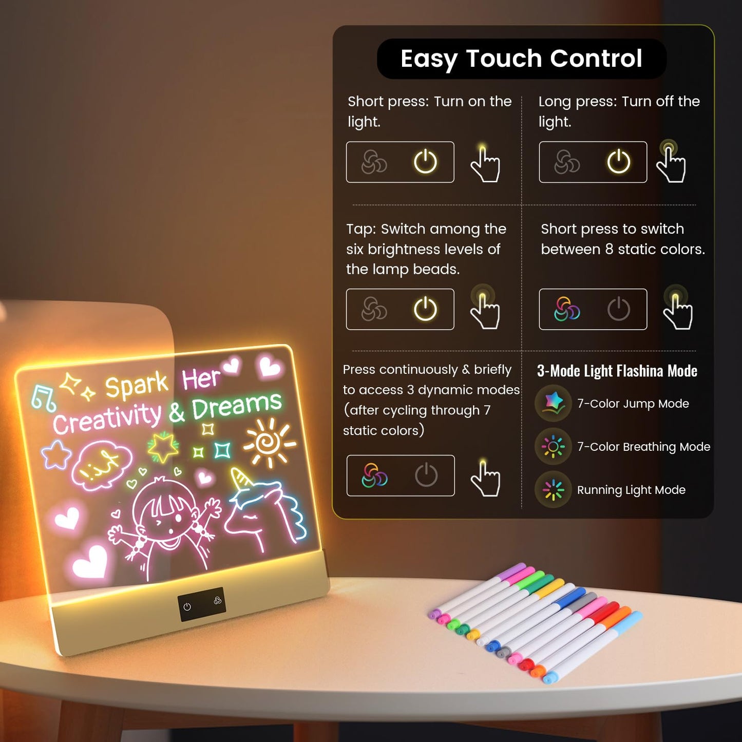 16" Rechargeable Led Drawing Board for Kids, 3 Modes & 8 Colors Glow Doodle LED Note Board, Neon Light Up Dry Erase Board with Built-in Stand, Girls