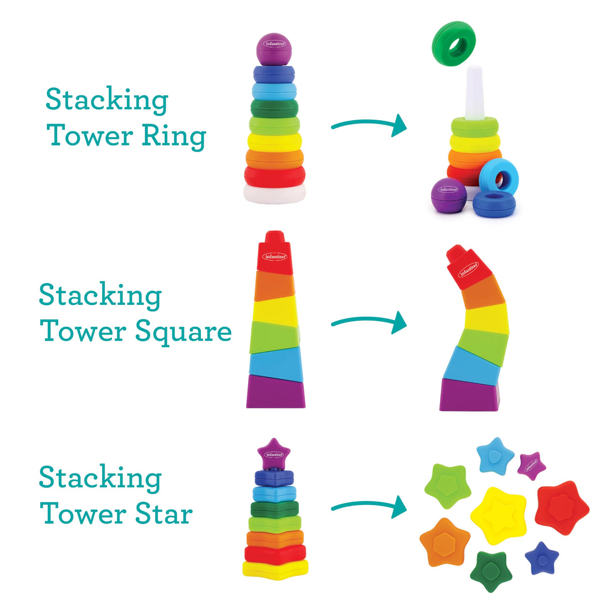 Infantino Tower Stackers Playset, Multicolor Rainbow-Themed Stacking Towers for Babies 12M+, 3-Style Set, Rings, Squares & Stars, 23 Pieces
