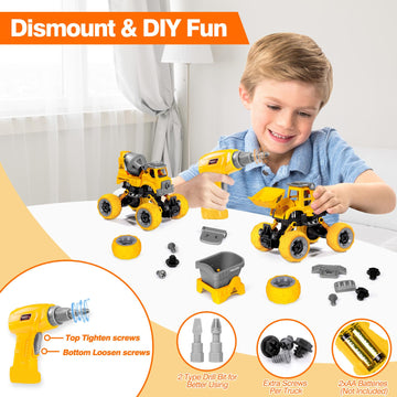 LUDILO Toys for 3 4 5 Year Old Boy Birthday Gift: 4PCS Take Apart Construction Truck Excavator Toy with Electric Drill, Kids Building Stem Learning