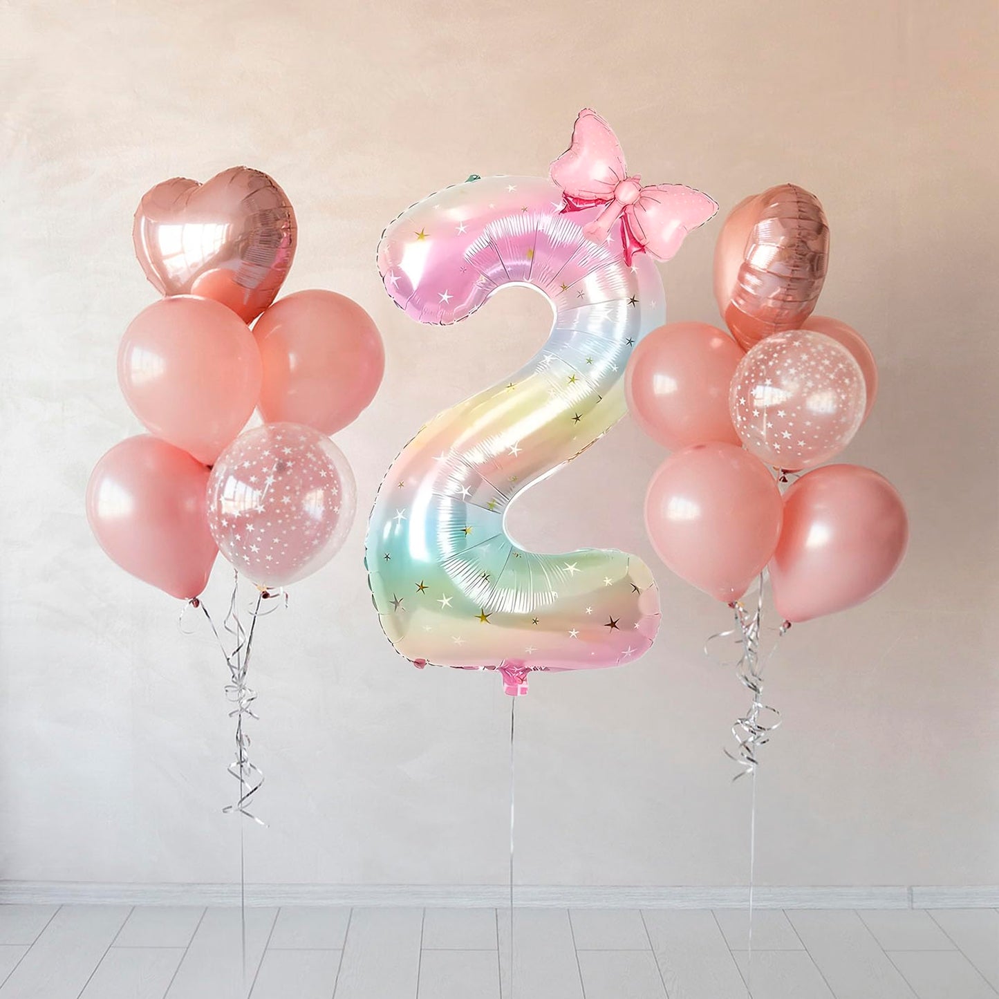 Number 2 40 Inch Rainbow Star Gradient Giant Number Balloon & Mini Bow Balloon Foil Mylar Number Balloons Children's Birthday Girl Party Anniversary