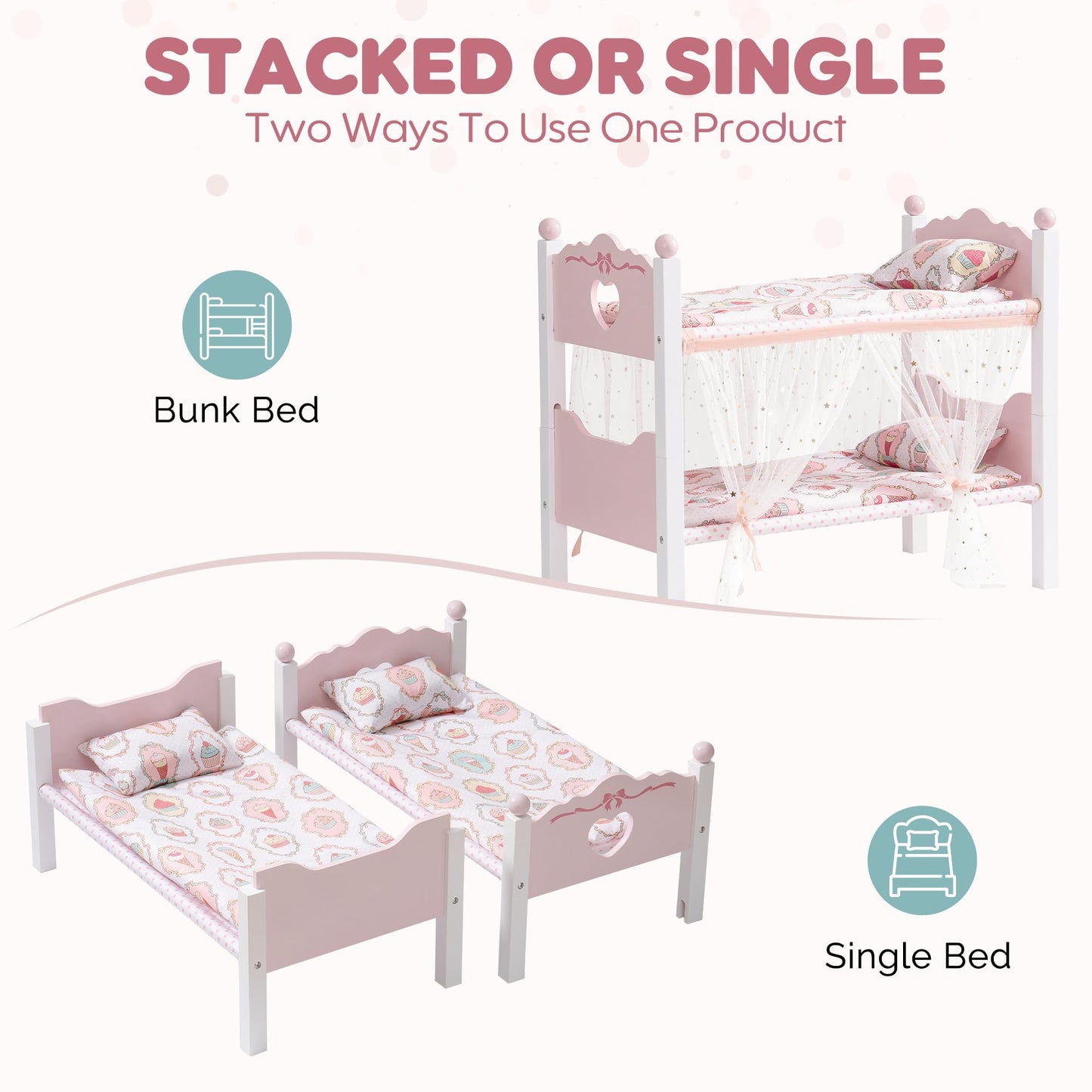 ROBOTIME Baby Doll Bunk Beds, Wooden Baby Doll Crib with Starry Curtain, Stackable Toy Crib for 18 Inch Dolls, Doll Bed Playset with Bedding