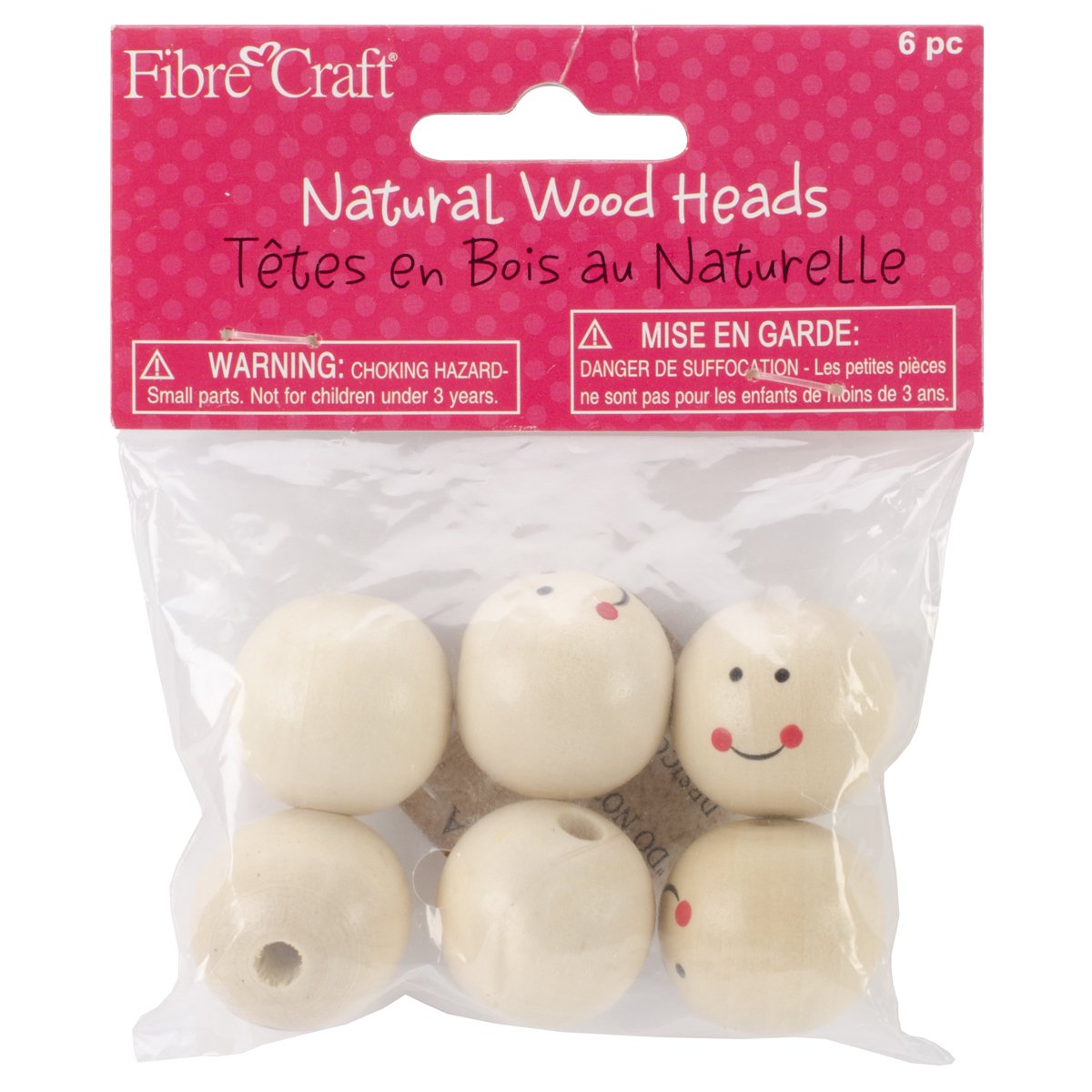 Fibre Craft - 6-Piece 25mm Natural Wood Smiling Heads - Arts and Crafts - No Glue or Scissors Required - For Ages 4 and Up