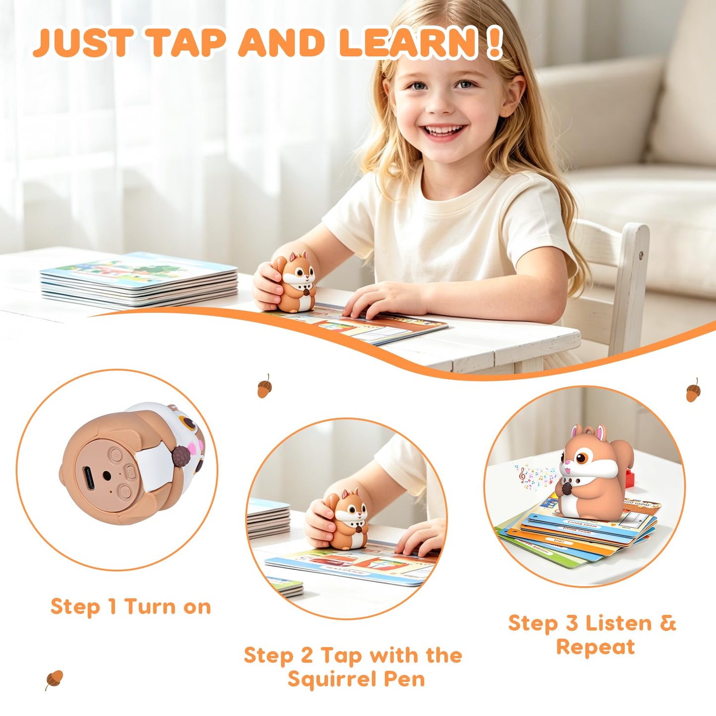 Phonics 55 Double-Sided Flash Cards with Squirrel Talking Pen Set, Over 800 Words Early Educational Learning Toys for Ages 2-6, Interactive Speech