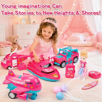 11-in-1 Pink Dream Travel Vehicles Playset Toys for Girls Age 3-6