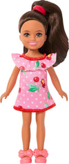 Barbie Club Chelsea Small Doll, 6-Inch Lula with Brunette Hair Wearing Removable Cherry-Print Dress & Sandals