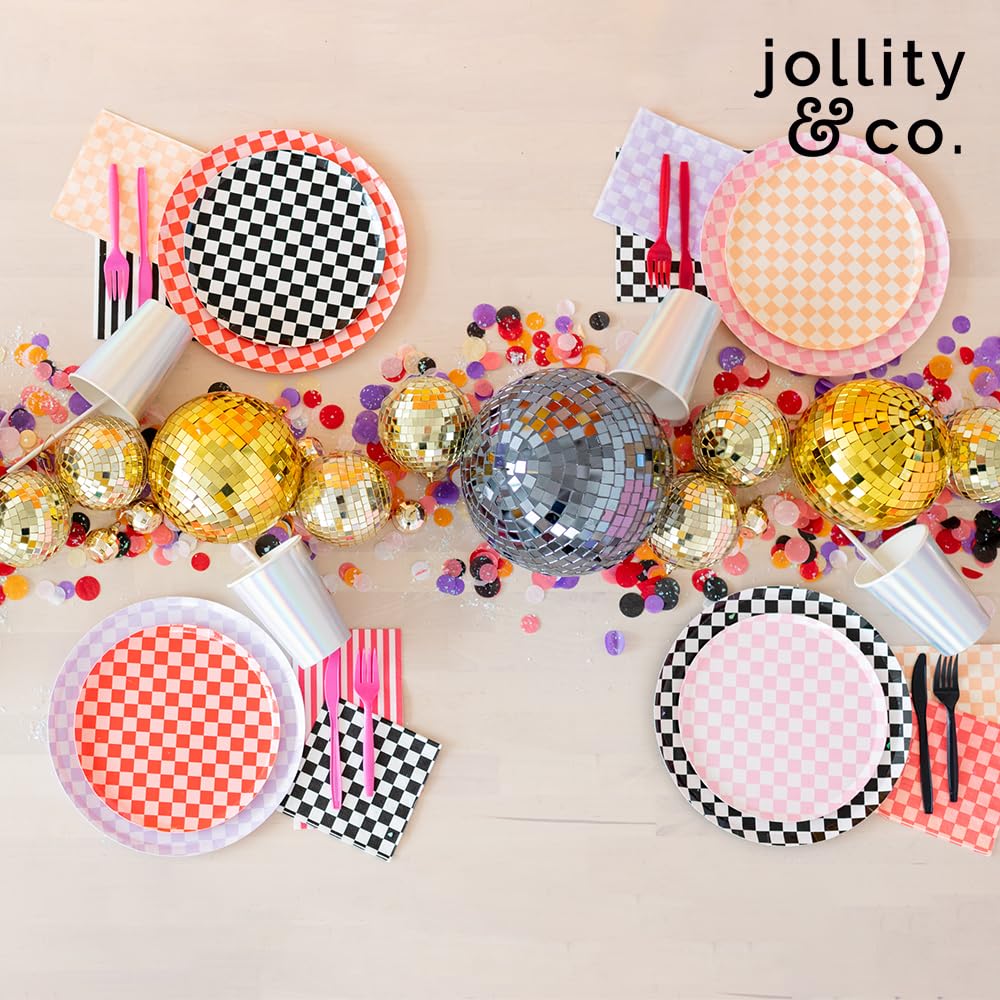 Jollity & Co Check It! Dinner Plates - Peaches N' Cream Paper Plates - Pack of 8 Paper Plates Disposable - Checkered Pattern Party Plates for Baby