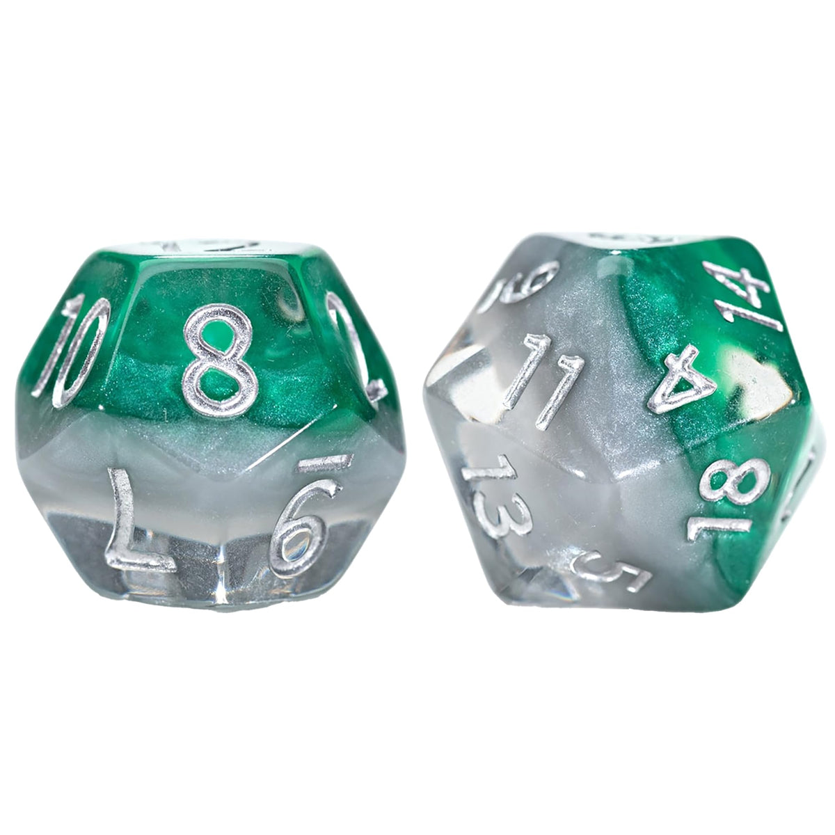 Gate Keeper Games & Dice: Eclipse Dice Elven - 7 Piece RPG Dice Set, Silver & Sylvan Green, 7 Resin Dice for Role Playing Games, 4-Layered Polyhedral