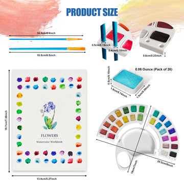 Watercolor Workbook, Water Coloring Book with 13 Pages 300GSM Paper, 26 Colors Watercolor Paint Set with Brush & Storage Bag, Beginner-Friendly