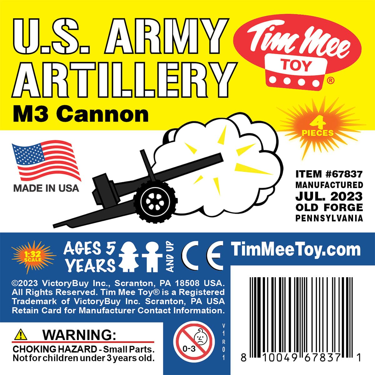 Tim Mee Toy TimMee M3 Artillery - Black 4pc Plastic Army Men Cannon Playset - Made in USA